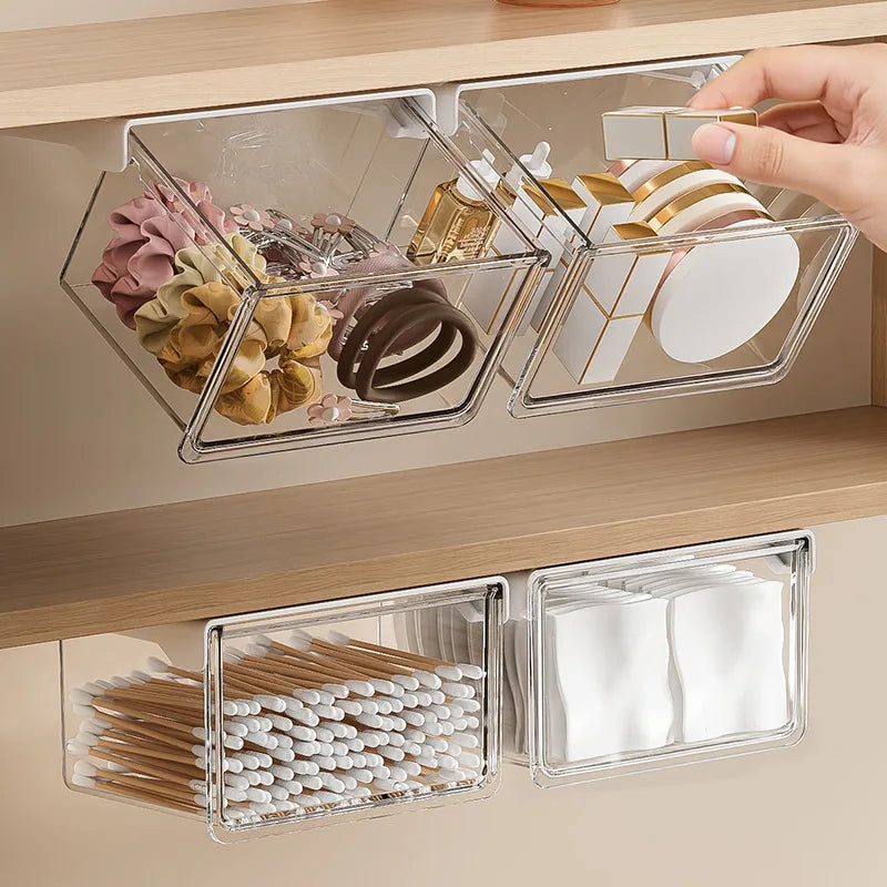 Transparent Drawer Storage Box Pull-Out Under Mirror Cabinet Oragnizer Case Bathroom Makeup Cotton Stick Makeup Holder Organizer