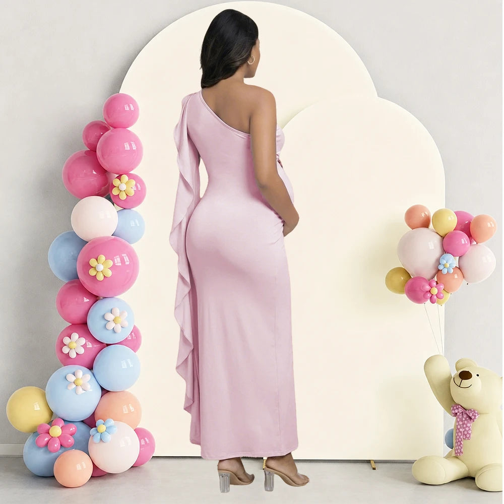 Maternity One Shoulder Ruffle Drape Baby Shower Dress Elegant Fitted Party Long Gown for Photoshoot