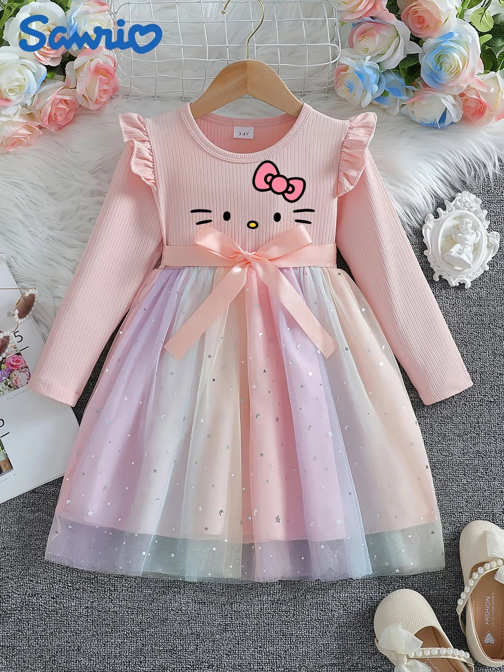 Sanrio Hello Kitty Girls Princess Dress, Autumn Pink Gradient Tulle Tutu Skirt, Kids Long-Sleeve Star Formal Dress