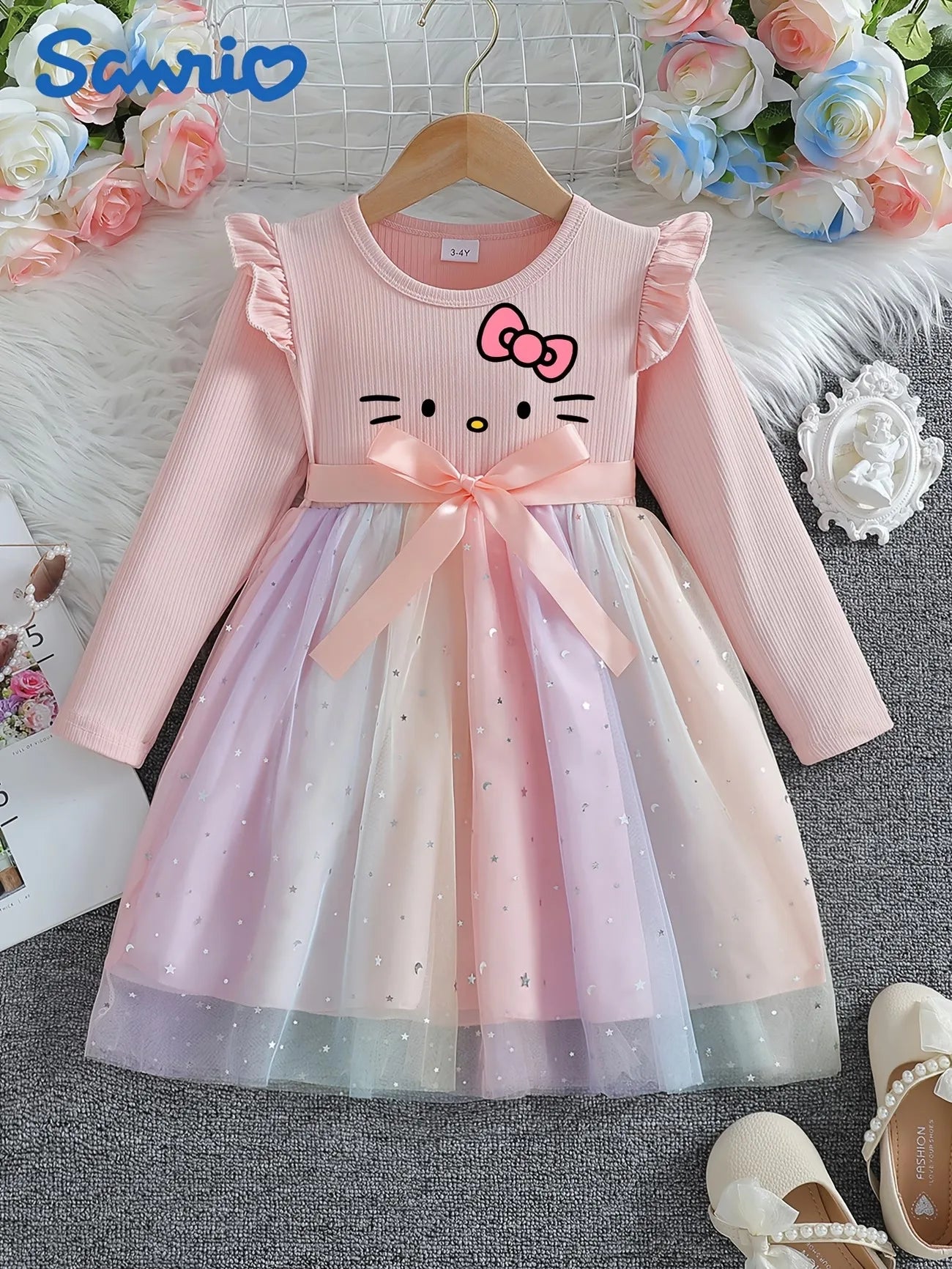 Sanrio Hello Kitty Girls Princess Dress, Autumn Pink Gradient Tulle Tutu Skirt, Kids Long-Sleeve Star Formal Dress