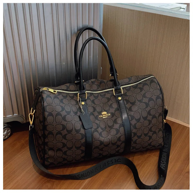 Classic Vintage Monogram Travel Duffle Bag, Trendy Versatile Overnight Weekender Bag with Top Handles & Adjustable Strap