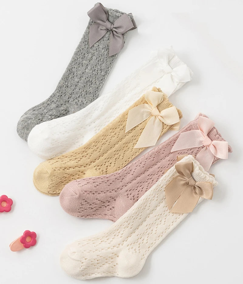 Summer Baby Girls Socks Toddler Bow Long Sock Kids Knee High Soft Cotton Mesh Stocking Spanish Style Hollow Out Lace Socks 0-3Y