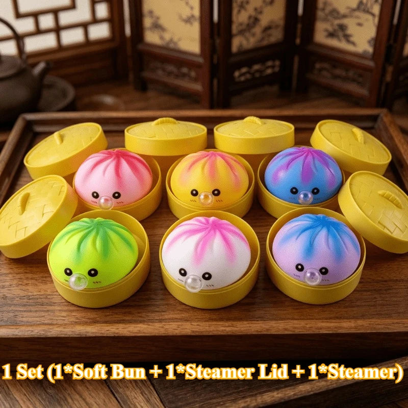 Kawaii Bubble Blowing Bun Squishy Set, Soft Baozi Squeeze Toy with Steamer Lid Base, Rising Stress Ball Funny Fidget Toy Kids