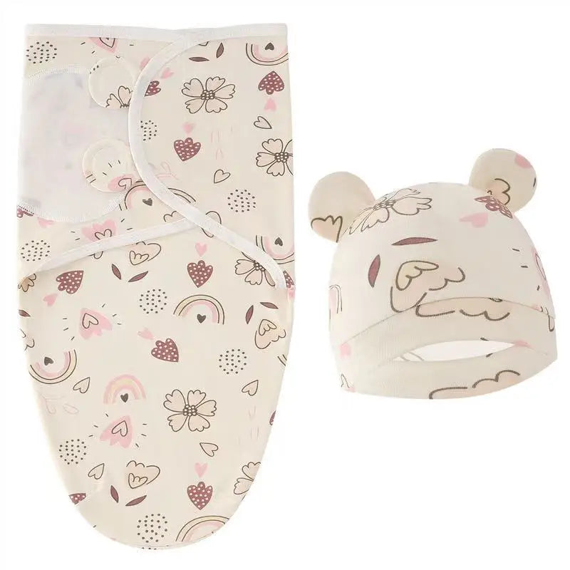 Baby Blanket Hat Set Cartoon Printed Cotton Newborn Swaddle Adjustable Infant Sleeping Swaddle Wraps All Seasons 0-6 Months