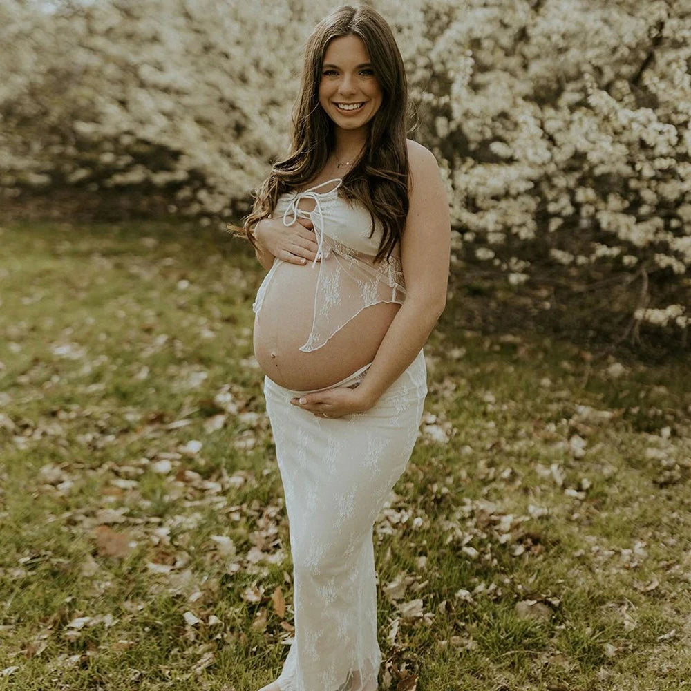 Maternity Lace Splicing Wrap Chest Sexy Long Dress Women Slim See-through Strapless Dress Two-Piece Suit For Pregnant Photograph