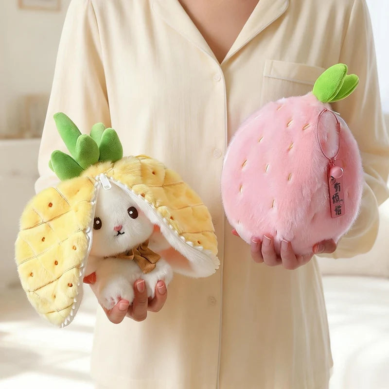 Hot Cute Fruit Bunny Plush Toy Creative Durian Pineapple Carrot Strawberry Turn Into Rabbit Soft Doll Birthday Christmas Gift