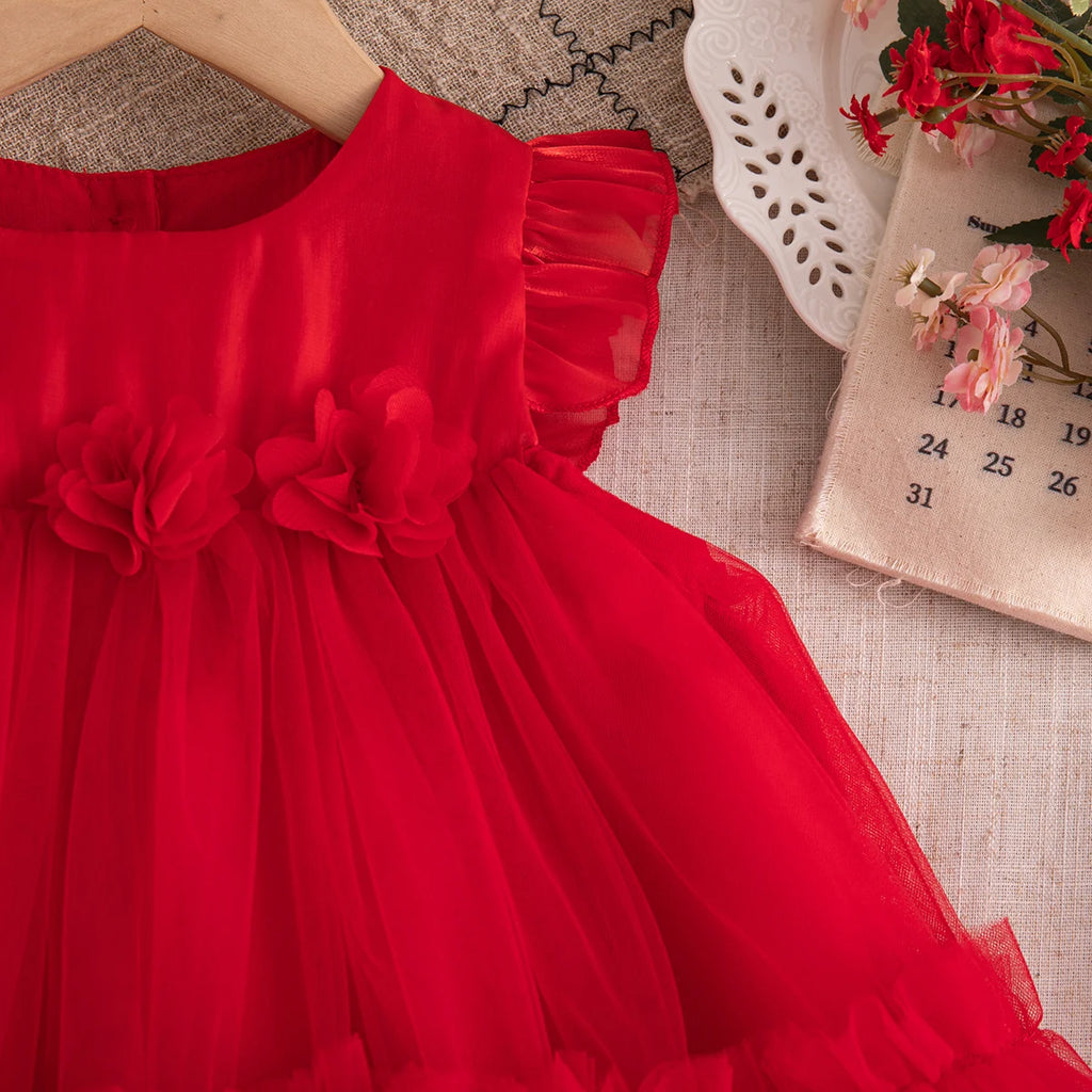Korean Style Sweet Solid Color Baby Girl Dress Summer Fashion Flower Birthday Party Gift or Wedding Princess Fairy Toddler Dress