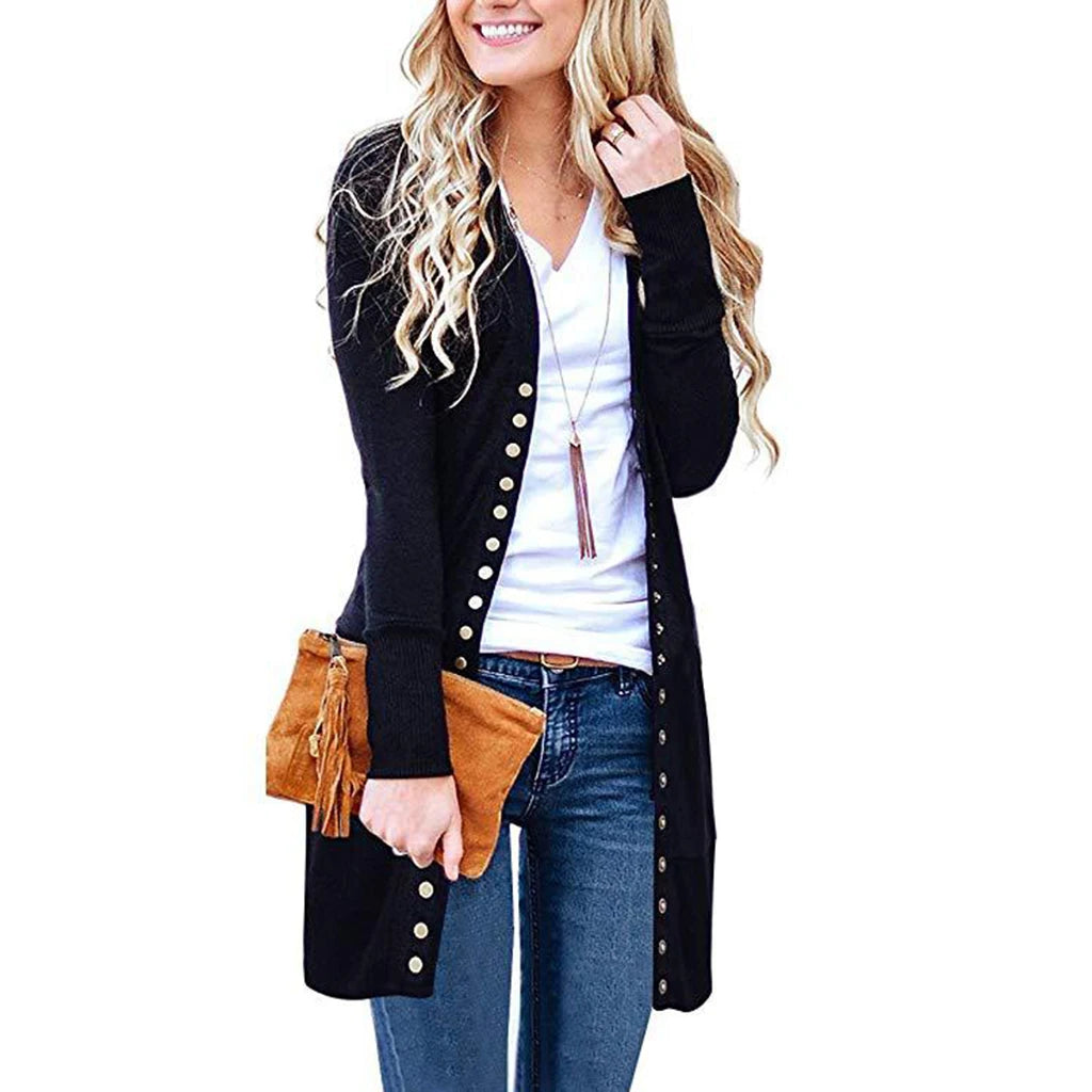 New Fashion Spring Autumn Long Sleeve Pocket Knitted Cardigan Woman Solid Female Long Cardigans