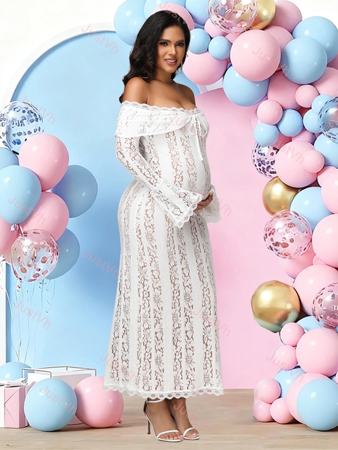 Maternity Lace Off Shoulder Dress Long Bell Sleeves Slim Photography Gown for Photoshoot Baby Shower
