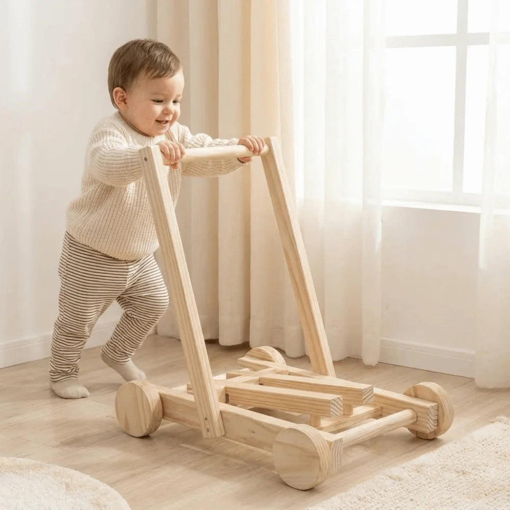 Adjustable Speed Height No-Knot Wood Baby Walker Wheeled Push-Pull Durable Baby Walking Trainer Safe Sturdy Non-Toxic