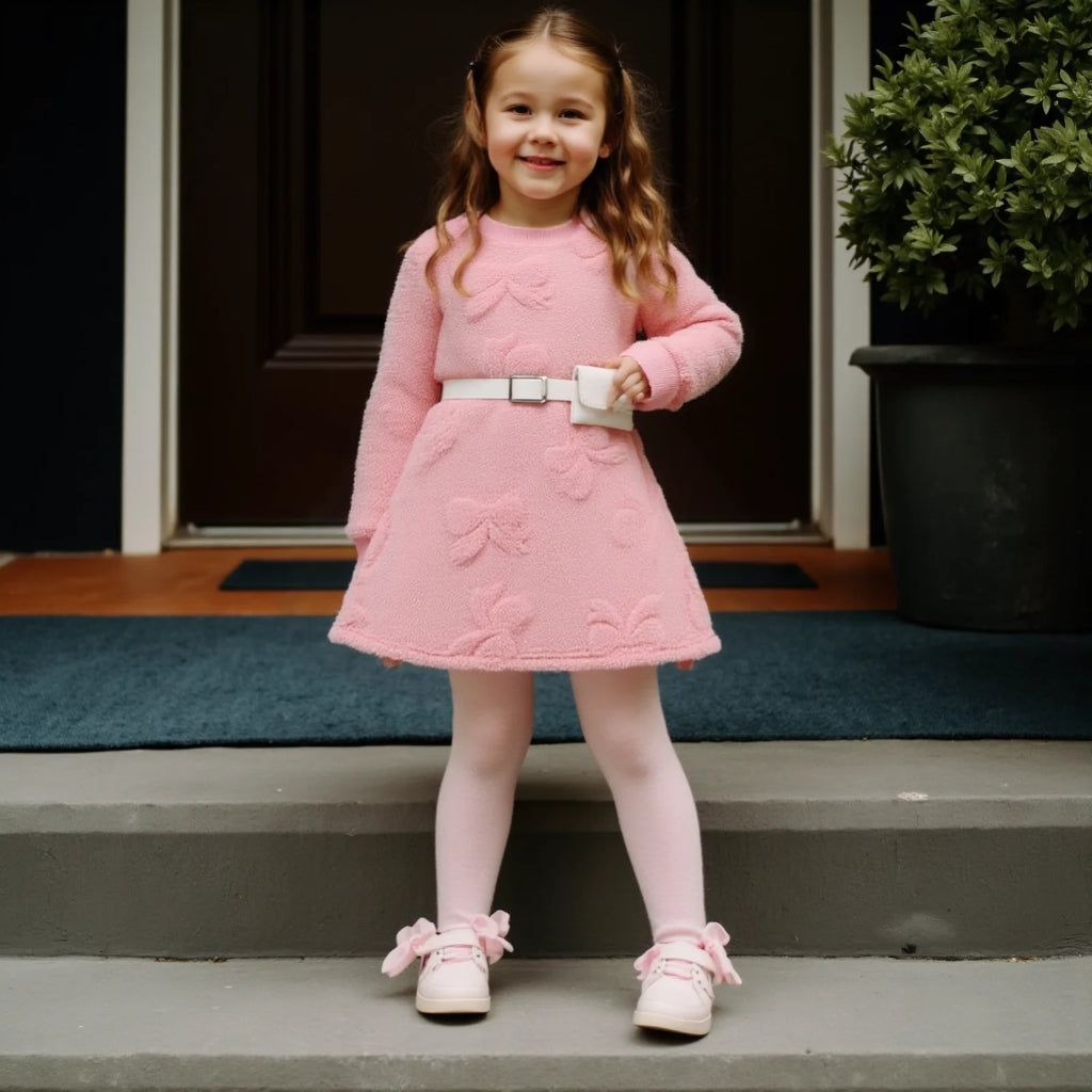 Kid girls Plush Long sleeved Dress Round neck, Pink Bow, Fashionable Dress+Mini bag 2Pcs Winter Dress  Girls  4-7 Years Dress