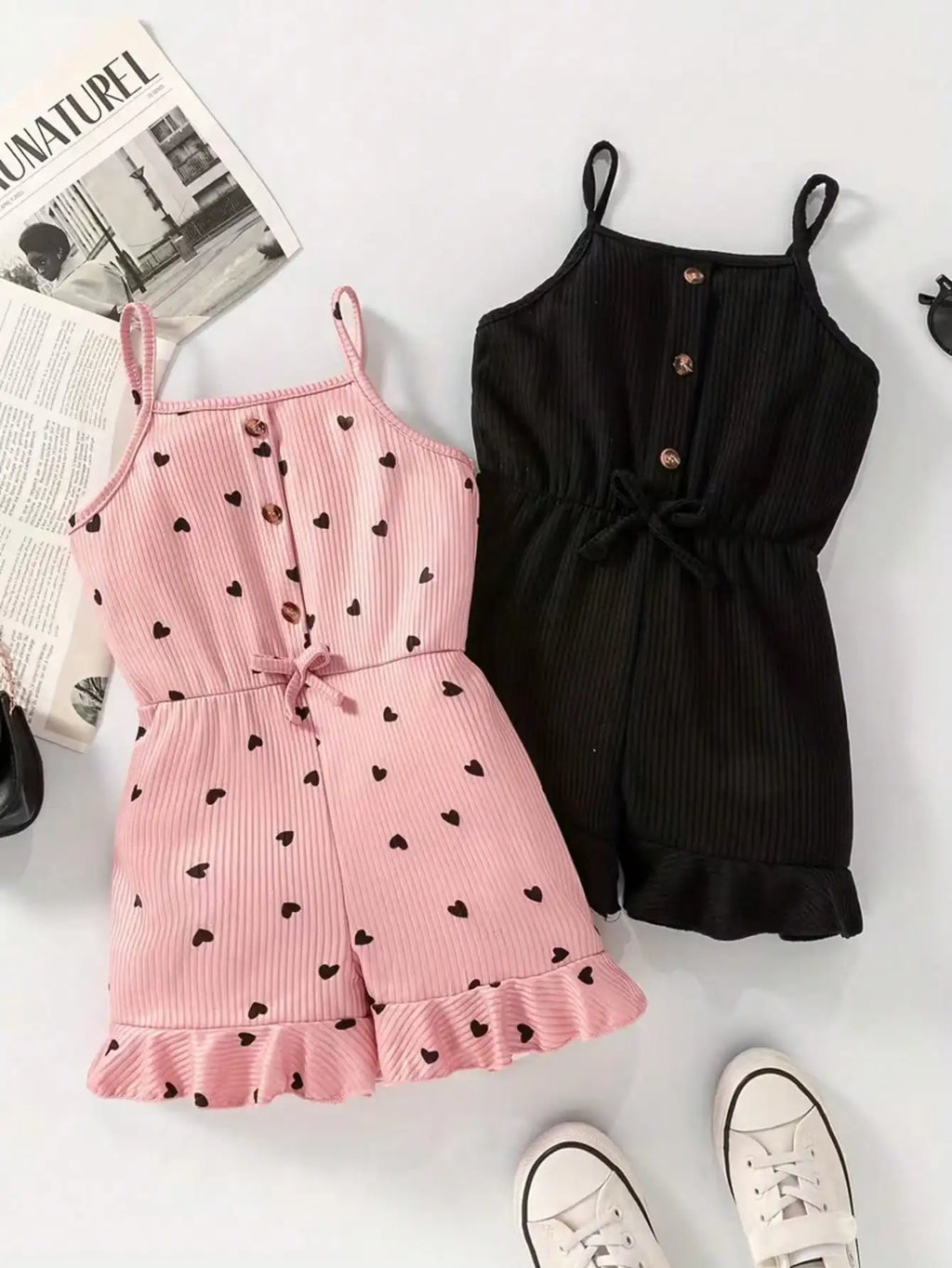 2pcs Girls Casual Summer Button up Heart-Shaped Camisole Jumpsuit Set Two Colors Suitable for Outdoor Travel