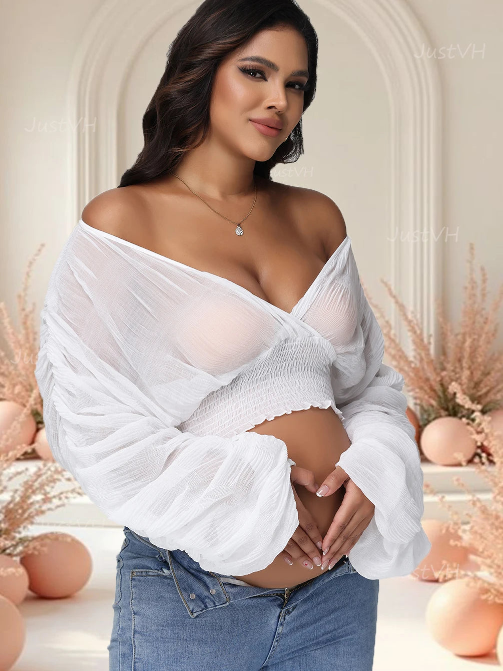 Maternity Sexy Drape Chiffon Blouse Elegant V-Neck Puff Long Sleeves Women Cropped Tops for Baby Shower Party Photoshoot