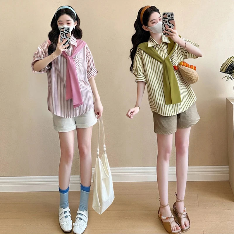 2025 Summer Maternity Pink Shirts Puff Sleeve O-neck Bowknot Hollow Out Backside Pregnant Woman Blouses Sweet Pregnancy Top Tees