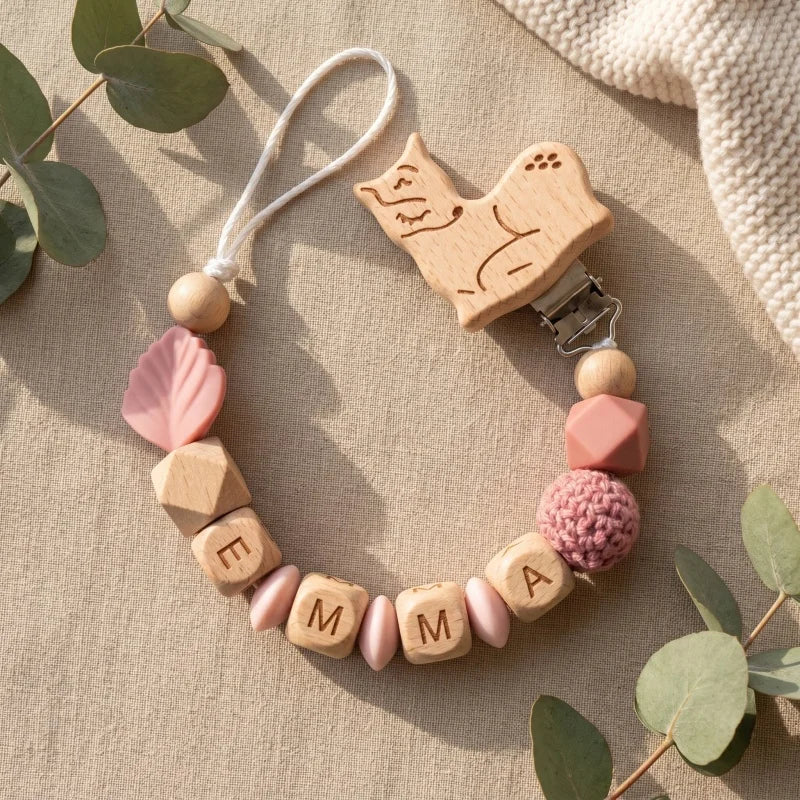 Personalized Baby Pacifier Clip with Name – Silicone & Wooden Bead Teether Soother Holder
