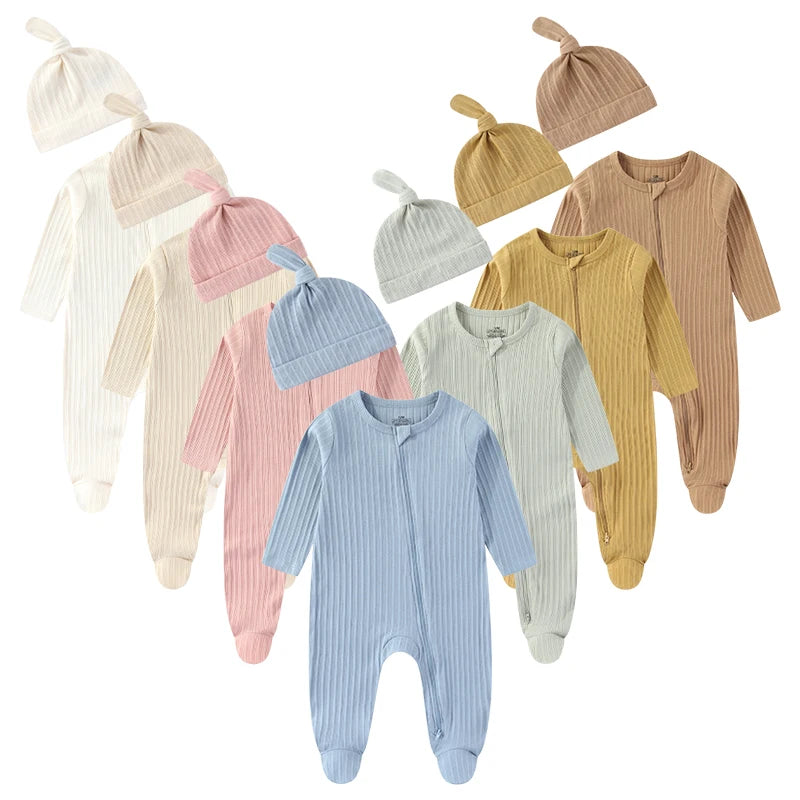 Solid Color 4-Pack Baby Unisex Clothing Set Newborn Boys Girls Long Sleeve Footed Romper+Hats Suit Four Seasons Infant Clothe