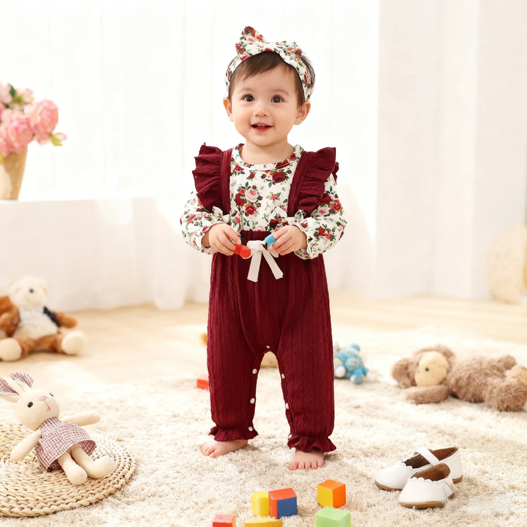 0-18 Months Newborn Baby girl Jumpsuit Beautiful Flower Long sleeved Jumpsuit+Headband Baby girl Spring autumn Fashion Jumpsuit