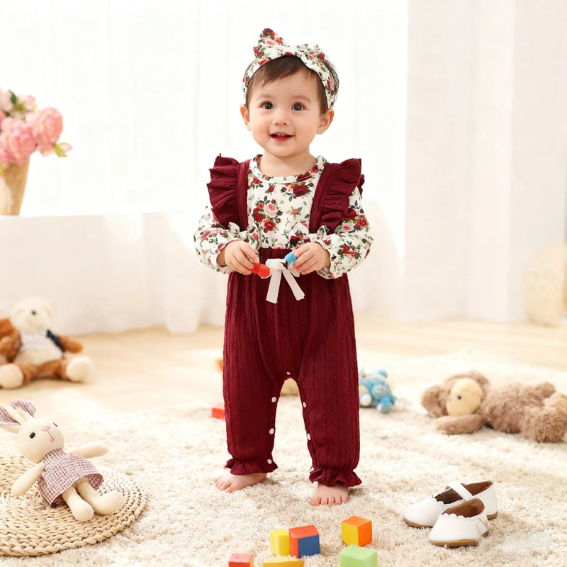 0-18 Months Newborn Baby girl Jumpsuit Beautiful Flower Long sleeved Jumpsuit+Headband Baby girl Spring autumn Fashion Jumpsuit