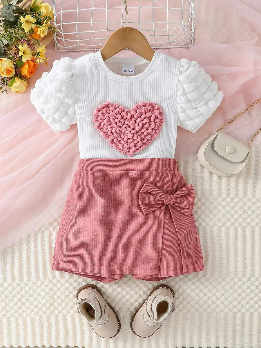 Children Girls Puff Sleeve With Heart Top& Solid With Bow Short Pants For 1-6Y Sets Clothes Kids Fashion Summer Suit