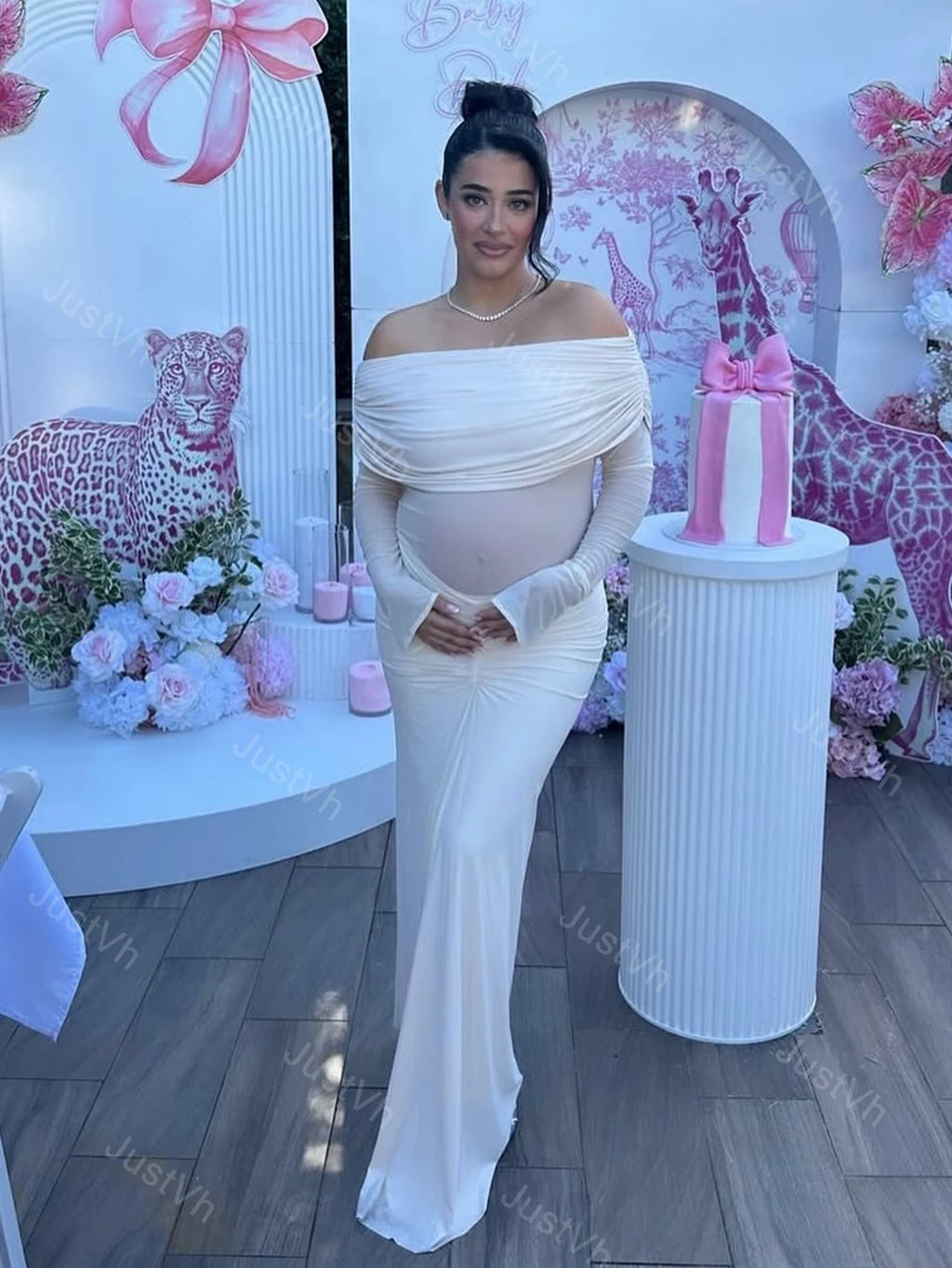 Maternity off Shoulder Long Sleeves Maxi Dress Mesh Paneled Rouched Baby Shower Outfit for Photoshoot