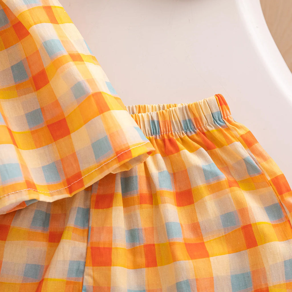 Korean Style Toddler Holiday Sets Summer Comfortable Cotton Orange Bow Plaid Suspender Tops And Breathable Baby Girl Shorts