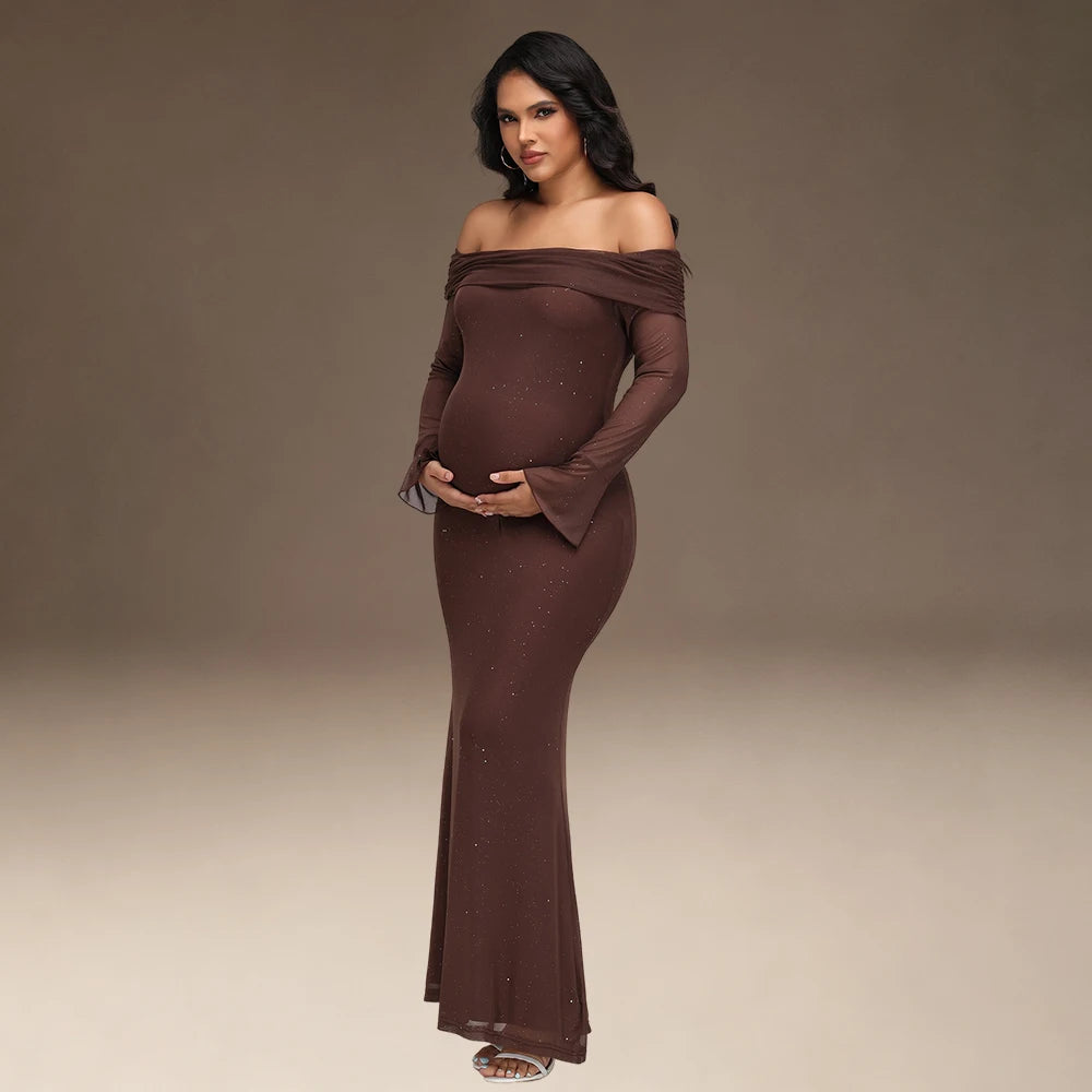 Maternity Off Shoulder Bell Sleeve Sequin Mesh Long Dress Party Elegant Bodycon Gown for Photoshoot Baby Shower