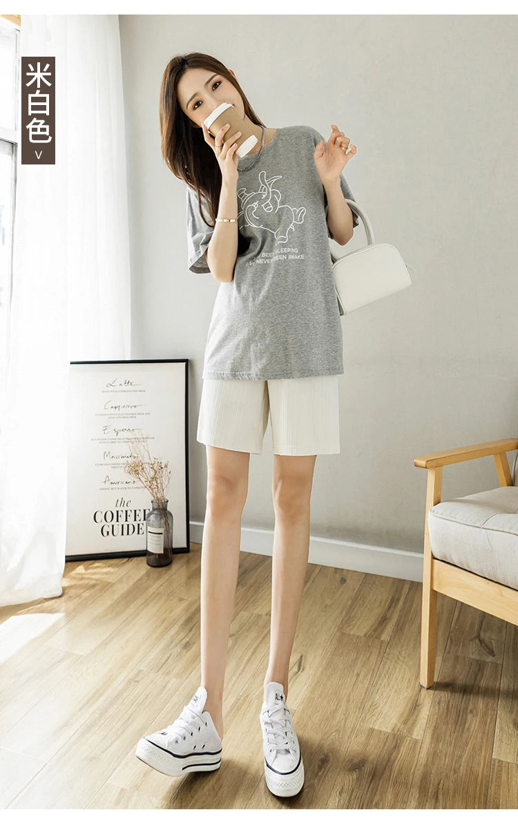 Summer Korean Style Pregnant Woman Ice Silk Shorts Knee-length Adjustable Waist Solid Color Maternity Wide Legs Straight Shorts
