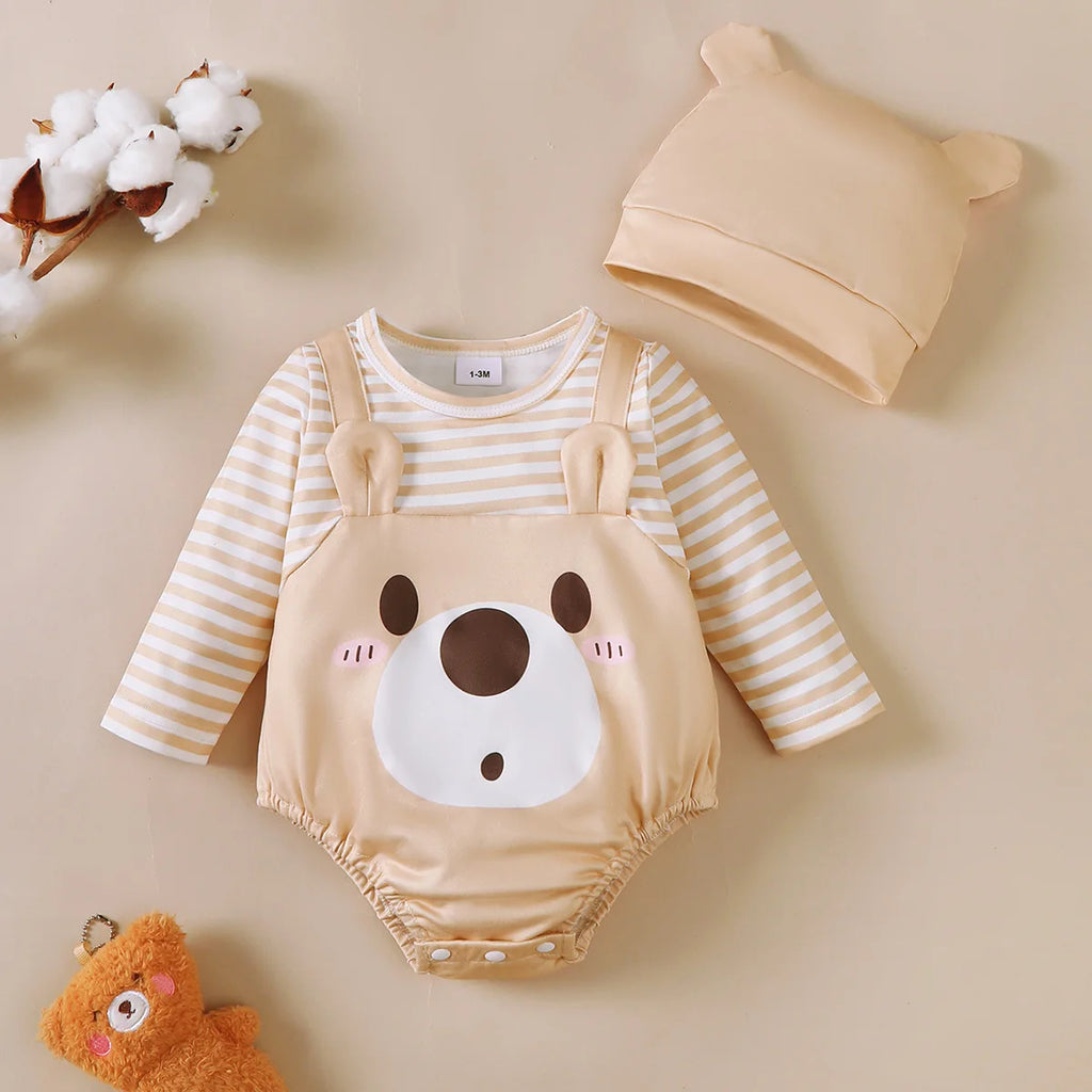 2Pcs Newborn Baby boy Bodysuit Little bear Pattern Long sleeved Bodysuit+Hat Set 0-18 Months Baby boy Spring Autumn Bodysuit