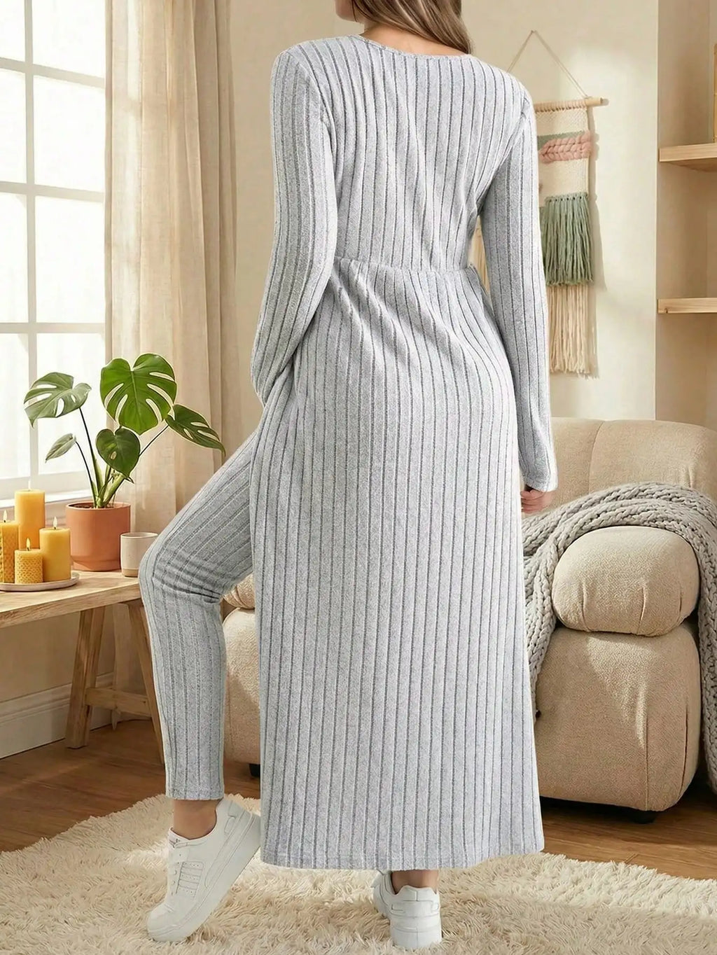 Maternity Women's Two Piece Sets and Outfits Long Sleeve Soft Ribbed Longline Casual Home Lounge Pants Set