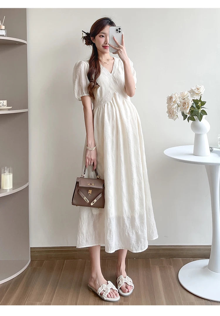 French Style Summer Maternity Pleated Dress High Waist V-neck Short Sleeve Pregnant Woman Elegant Dress Pregnancy Clothes Loose