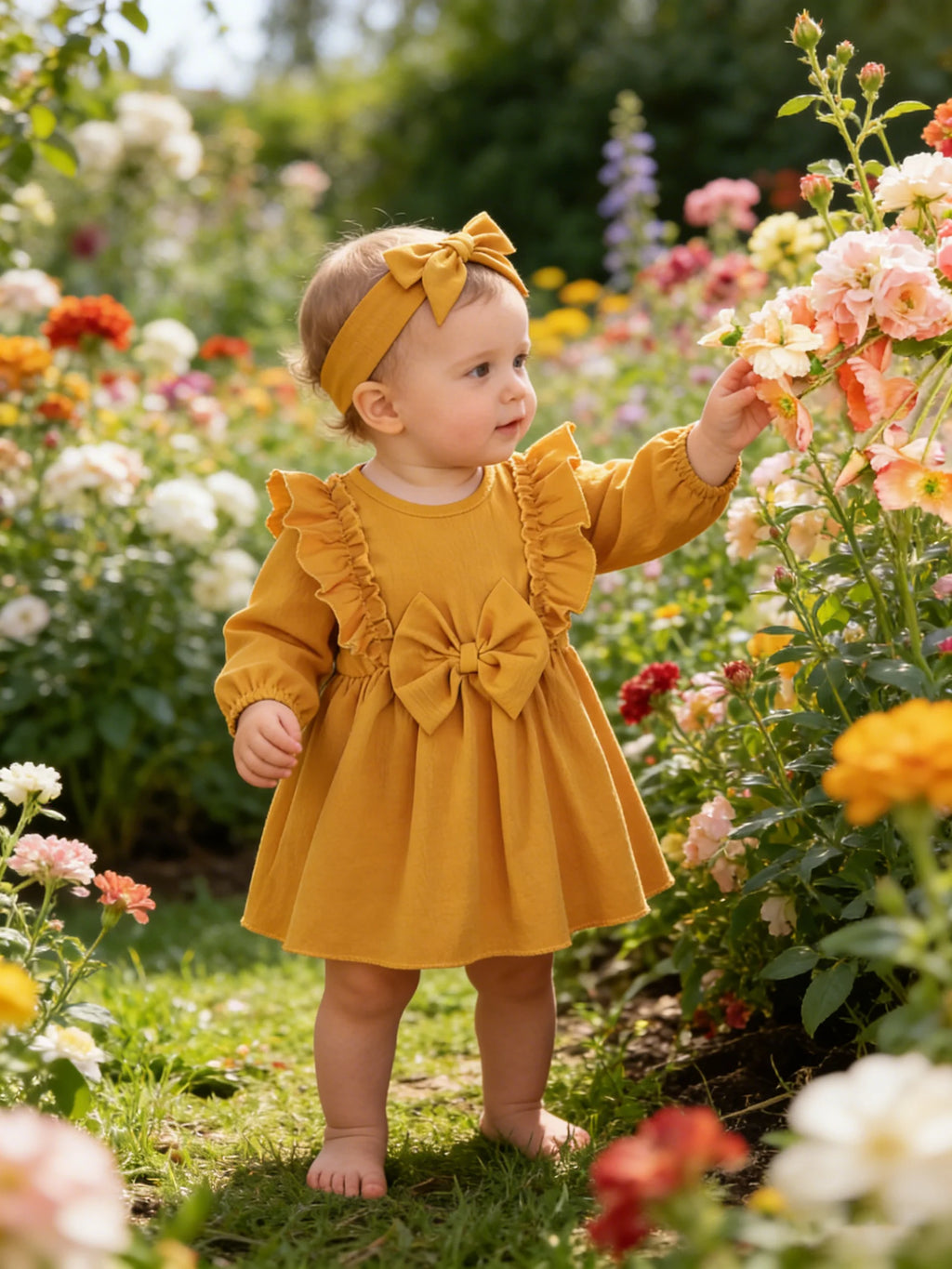 0-18 Months Baby girl Dress Ruffled Long sleeved Dress and Headband 2Pcs/Set for Cute Baby girl Spring and Autumn Fashion Dress