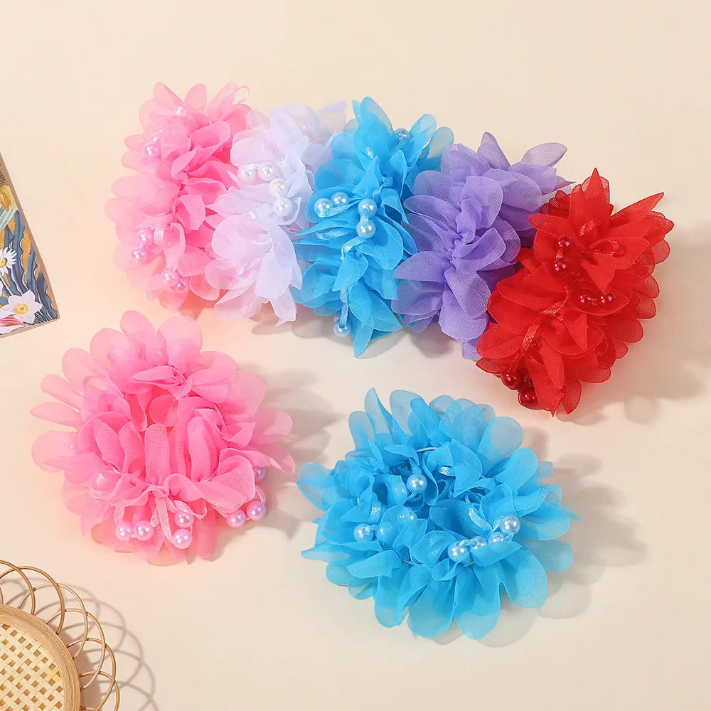 2Pcs Kids Hair Bands Set for Girls Elastic Rubber Bands Chiffon Flowers Beads Ponytail Holder Children's Hair Accessories Gift