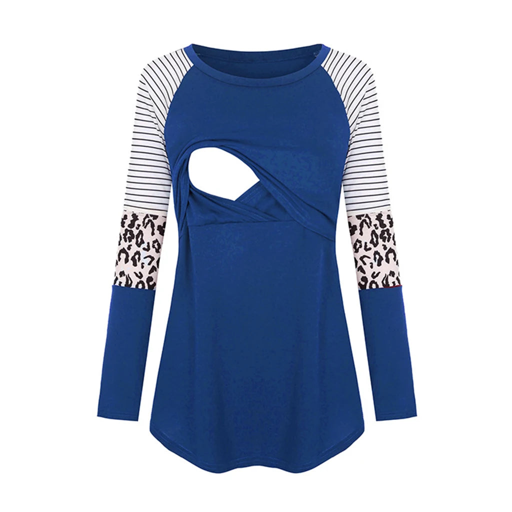 Women Maternity Long Sleeve Nursing Patchwork Color Tops Breastfeeding Blouse