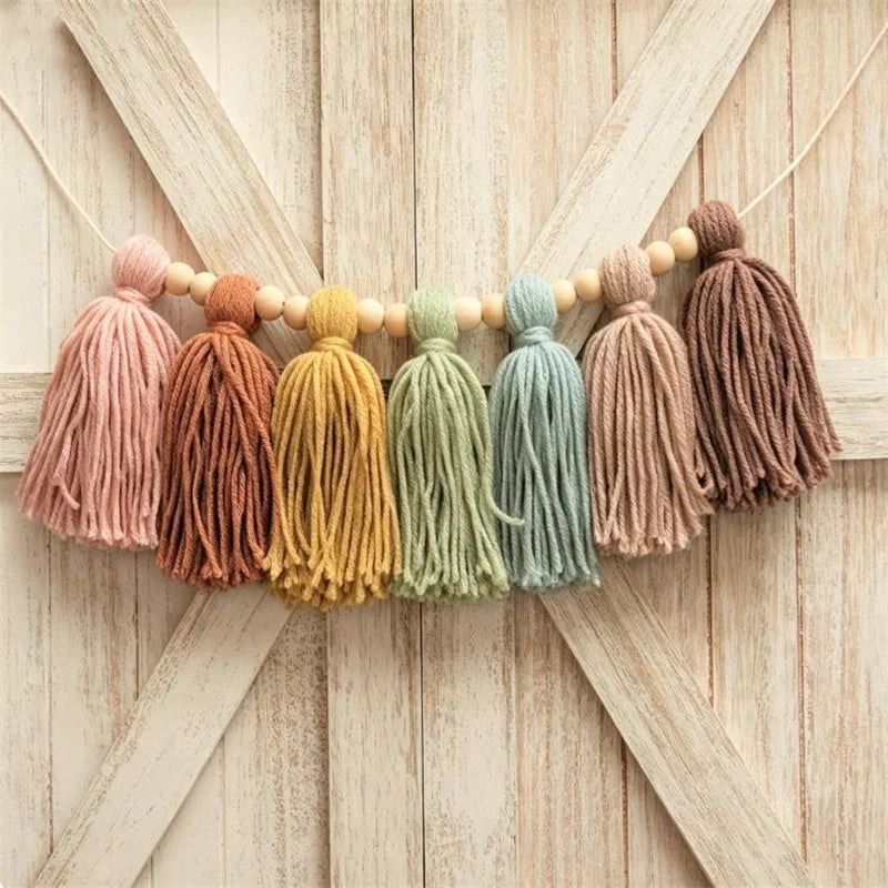 Bohemian Colorful Tassels and Wooden Beads Handmade Party Decorations Fireplace Mantel Room Decor Tassel Hangings Suitable for Holiday Decorations Tassel Strings Home Decor Hanging Tassel Strings.