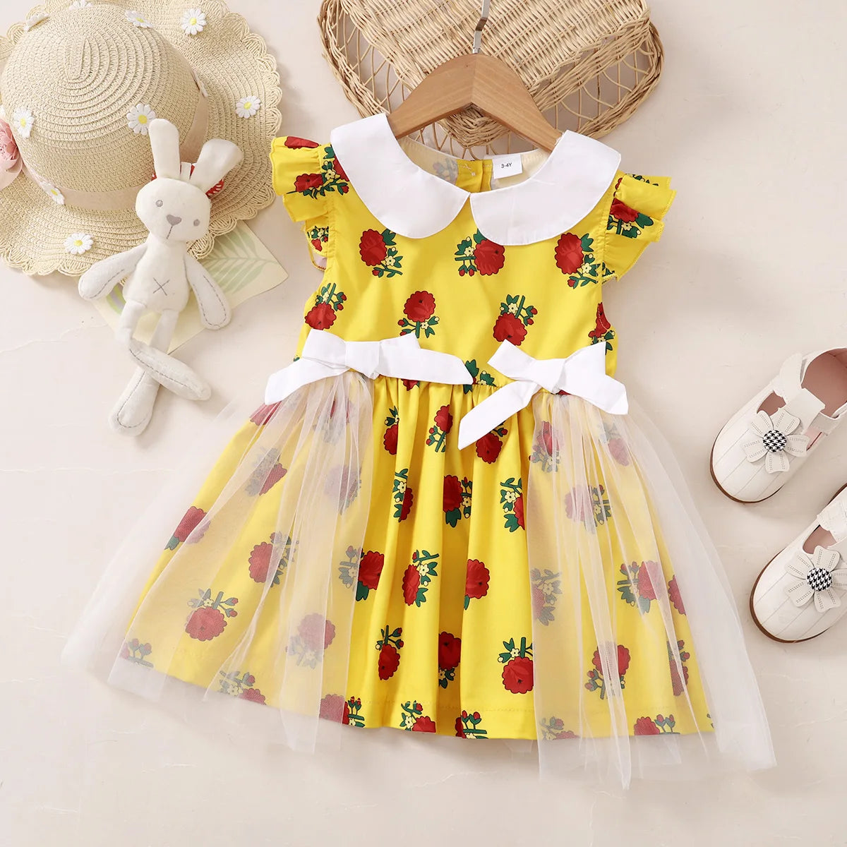 1-6 Year old Girls' Dress, Sudan rose print Bow Chiffon Dress, Girls' Holiday Dress Children's Clothing