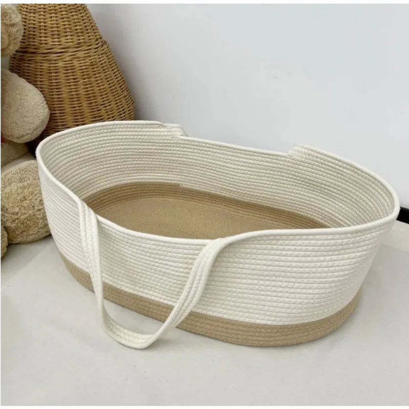 Organic Cotton Baby Cradle with Rocking Base – Portable Handheld Bassinet & Storage Basket for Newborns and Toddler Dolls
