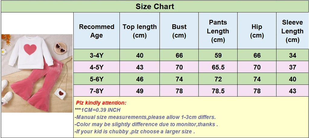 Girls' Winter Set Coral Fleece Love Top+Fashionable flared Pants 2-piece Set Suitable for 3-7 Year Old Girls' Winter Warmth Set