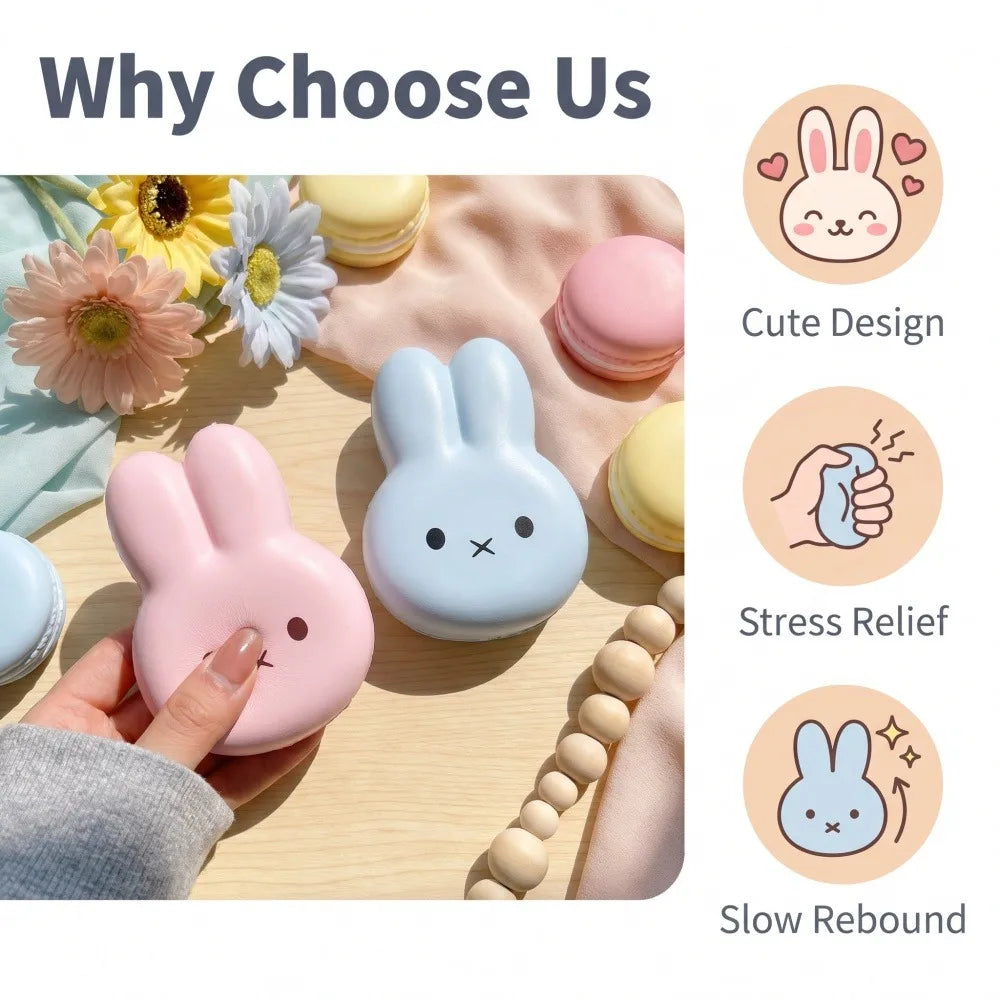 Cute Bunny Squishy Toy Slow Rising Stress Relief Fidget PU Squeeze Play Anxiety Reliever Calm Focus  Desk Decor Office Gift