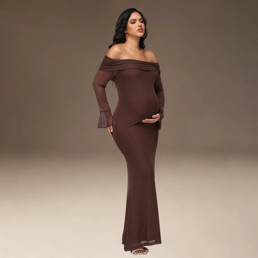 Maternity Off Shoulder Bell Sleeve Sequin Mesh Long Dress Party Elegant Bodycon Gown for Photoshoot Baby Shower