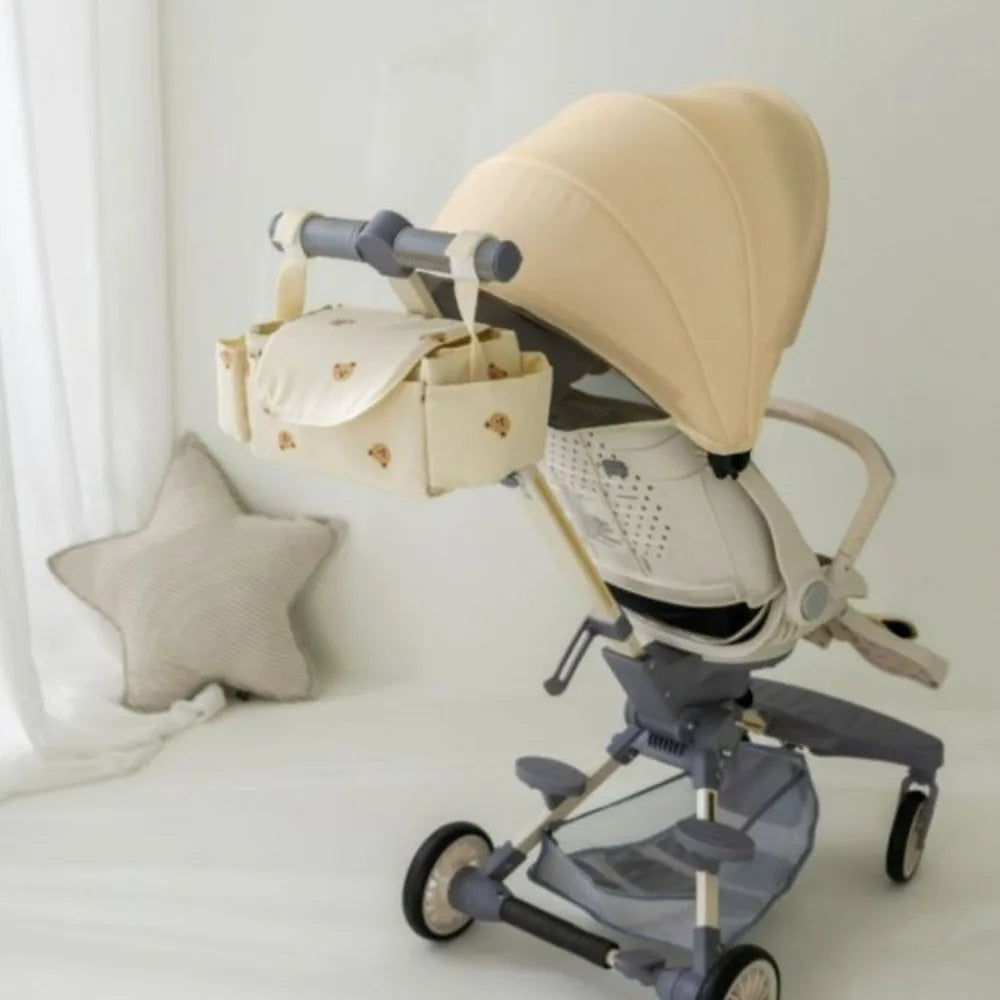 Cartoon Stroller Organizer Bag Bear Cloth Pram Storage Bag Large Capacity Multi Pocket Stroller Hanging Bag