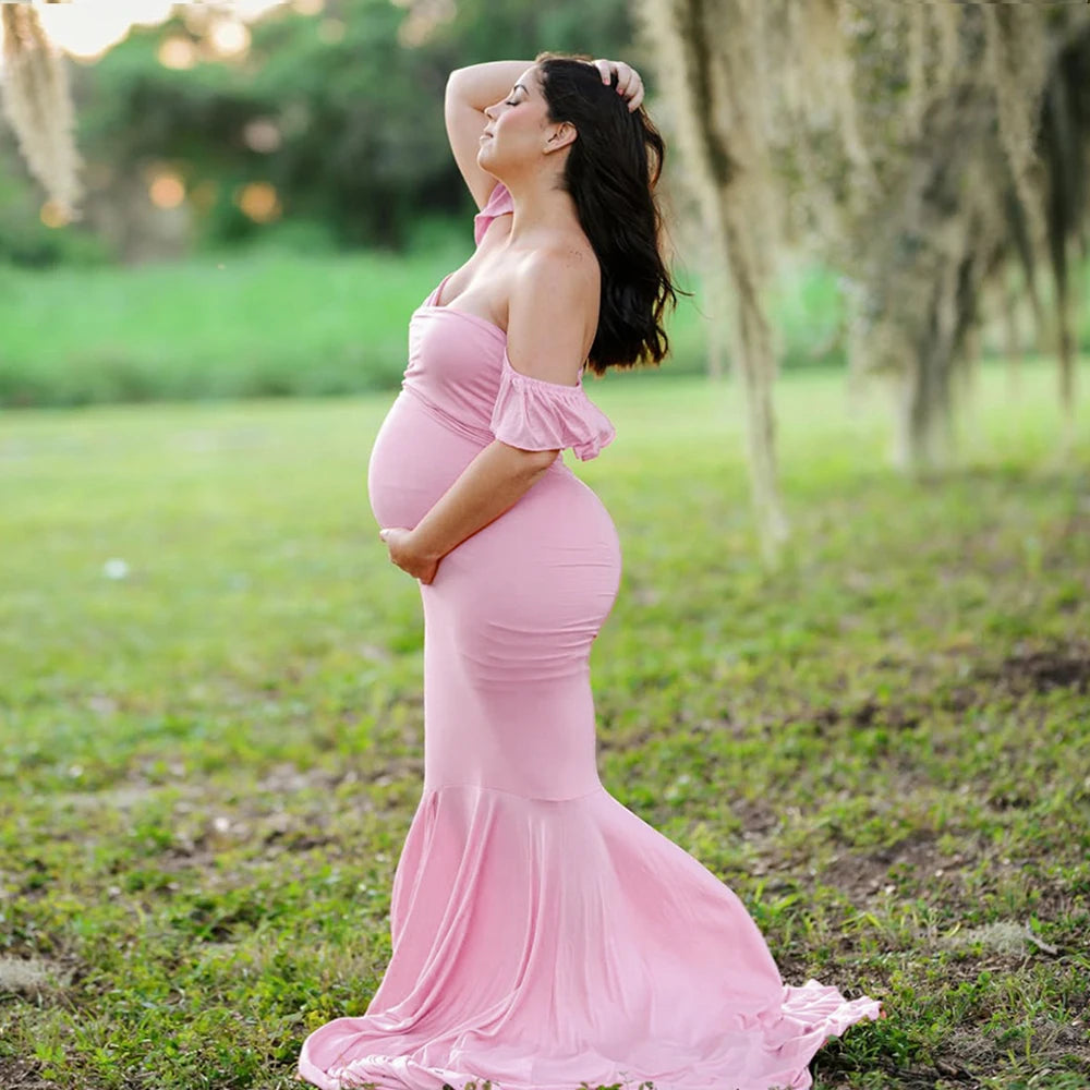 Maternity Summer Ruffle Sleeve V-Neck Mermaid Dress Pregnancy Gown Wedding Bridesmaid Dresses Robe for Photoshoot Baby Shower