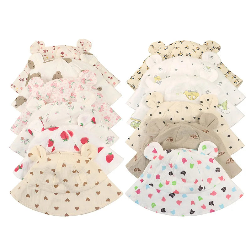 Muslin Baby Sun Hat Cartoon Print Kids Cap for Girls Boys 100% Cotton Toddler Summer Hats Children Panama Baby Cap 1-3Y