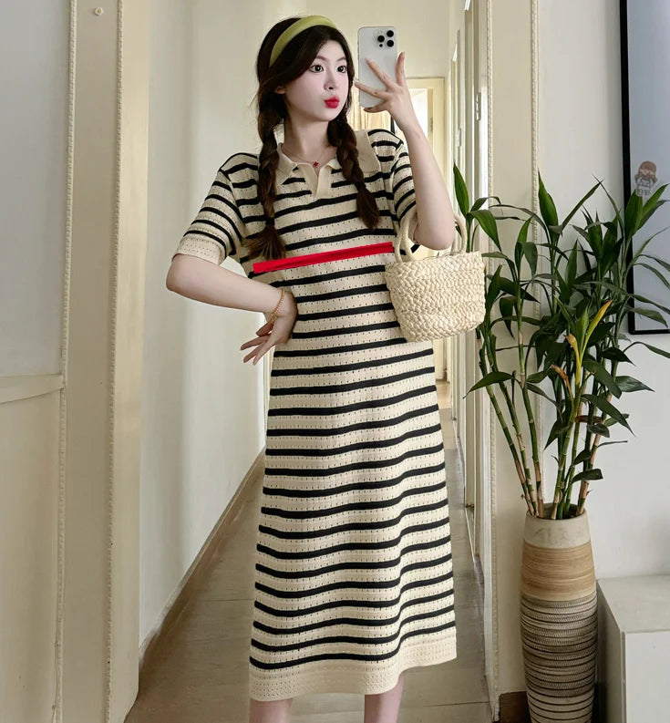 Maternity Nursing Dress For Postpartum Breastfeeding Short Sleeve Turn Down Collar Hollow Out Striped Model 107