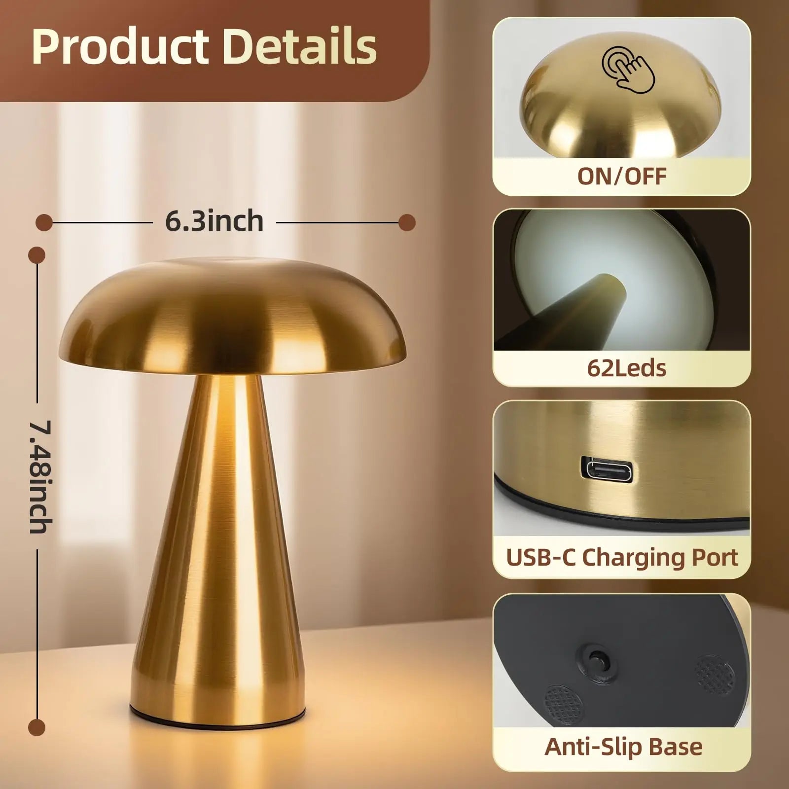 Retro Mushroom LED Table Lamp Touch Sensor Rechargeable Bedside Reading Light for Bedroom Restaurant Bar Decor