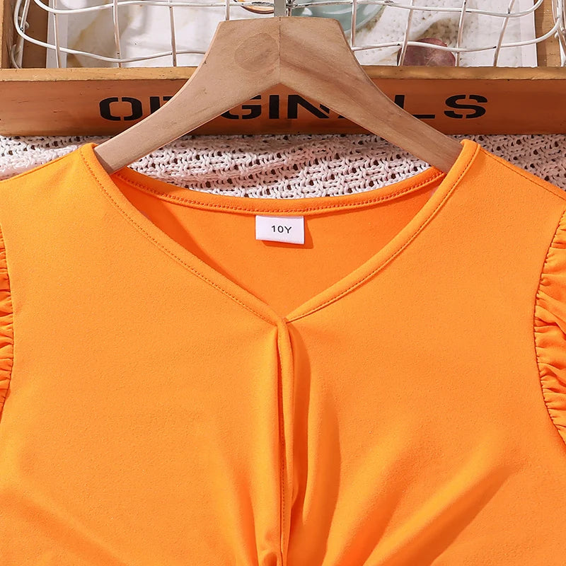 Kids Clothing Sets Tween Girls Outfit Orange Knot-Hem Crop-Top & Flowers Parinted Shorts 2PCS Summer Vacation Sets
