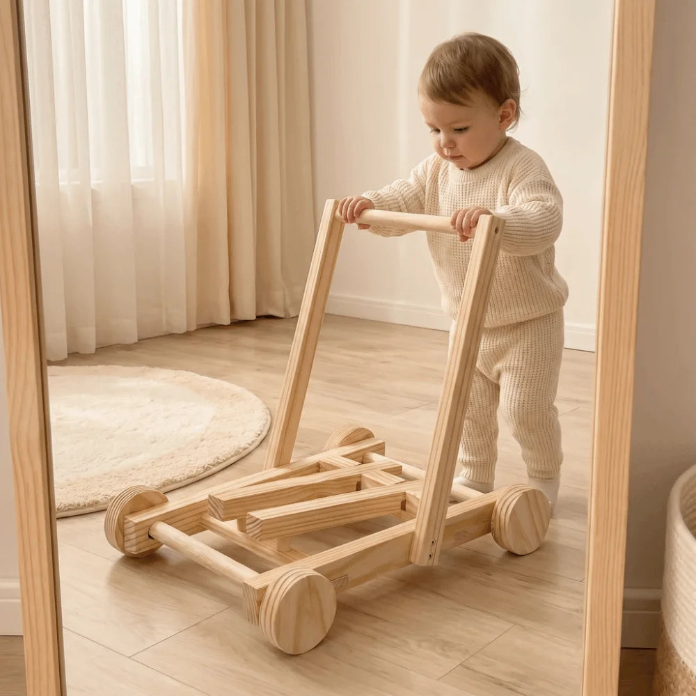 Adjustable Speed Height No-Knot Wood Baby Walker Wheeled Push-Pull Non-Toxic Toddler Walking Aid Safe Sturdy Durable