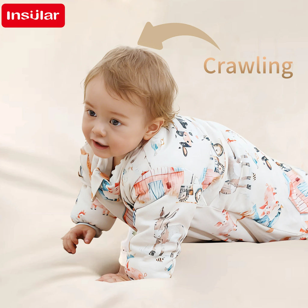 INSULAR Baby Cartoon Split-Leg Sleep Sack with Detachable Sleeves, 100% Cotton Thickened Winter & Autumn Toddler Sleeping Bag
