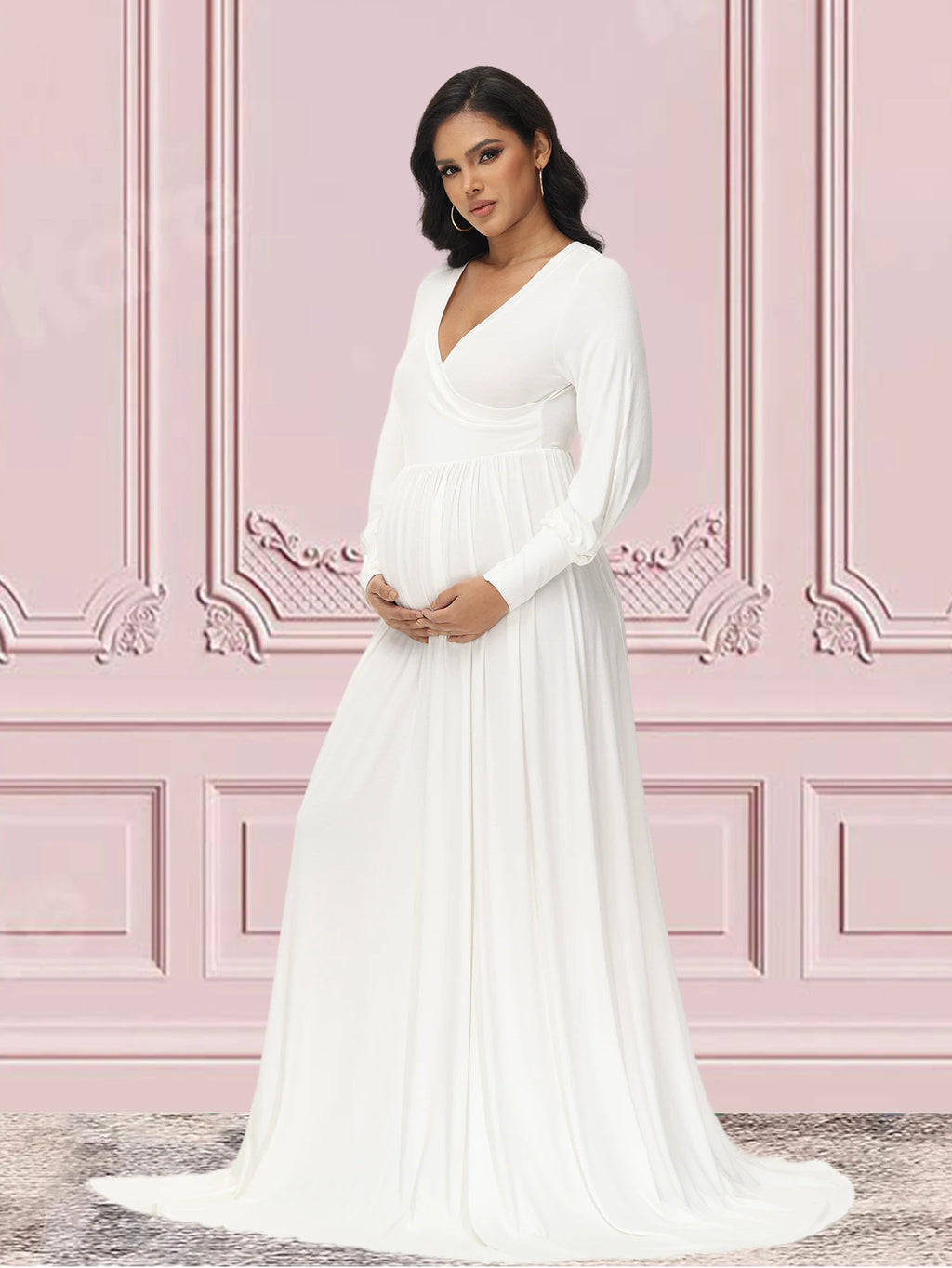 Maternity Photography Dresses Baby Shower Maxi Gown Lantern Sleeve V Neck Pregnancy Wrap Side Split Robe