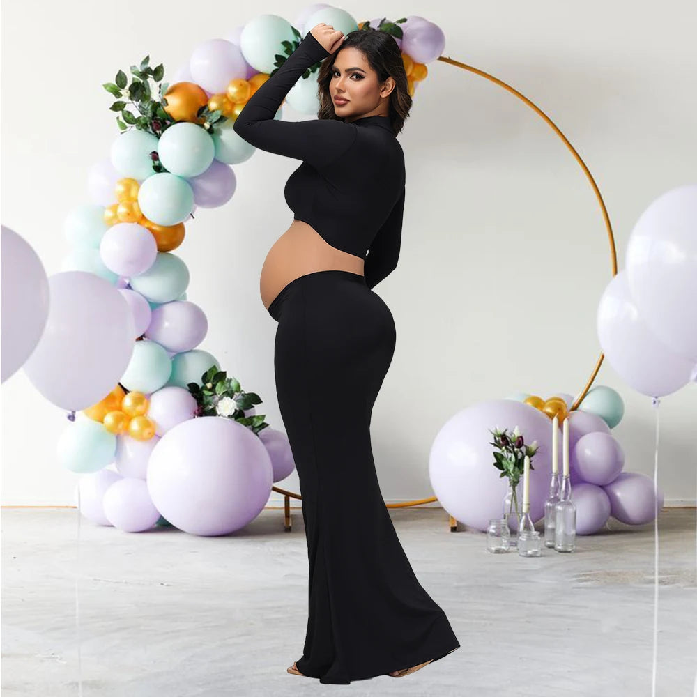 Maternity Mock Neck Long Sleeve Top Slim Maxi Skirt 2 Pcs Set Photoshoot Outfit  Wedding Party Pregnant Clothes