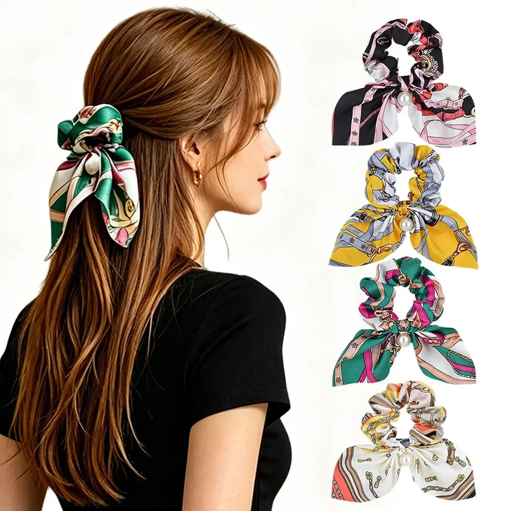 4Pcs/set Chiffon Printed Bowknot Elastic Hair Bands for Women Girls Pearl Scrunchies Headband Hair Ties Ponytail Holder